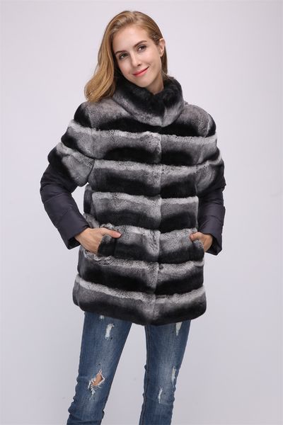 

lady women real rex rabbit fur chinchilla color coat with down sleeve vest detachable gilet outwear fluffy furry winter womens, Black