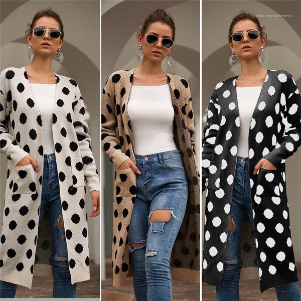

womens long sweaters cardigan pocket loose womens outwear three colors casual ladies clothing polka dot designer, White;black