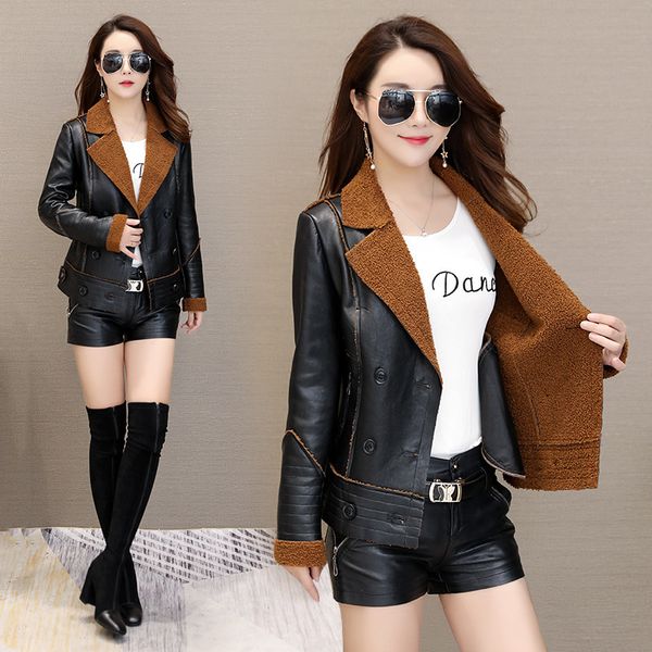 

new 2018 faux sheepskin shearling winter coat women black warm motorcycle street soft lamb fur women jacket uv2479