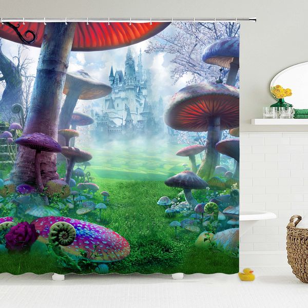 

castle cartoon fantasy shower curtain waterproof bathroom screen children mushroom house print bath polyester shower curtain