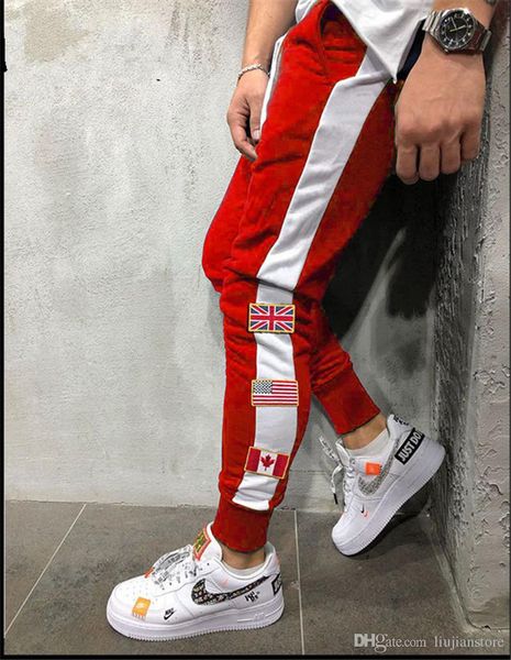 

Fashion Mens Panelled Pencil Pants Male Running Pants with Flag Patchwork Autumn Male Regular Sports Pants