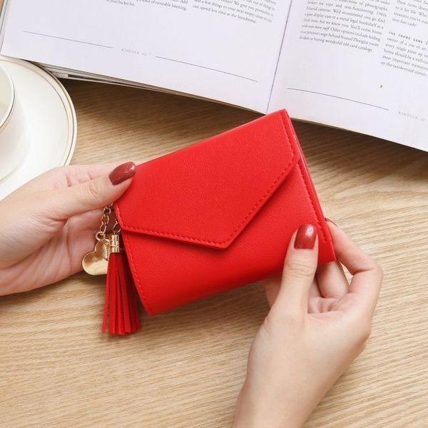

new simple short wallet ladies thin section buckle coin purse student ladies wallet female short paragraph ladies white plain wallet, Red;black