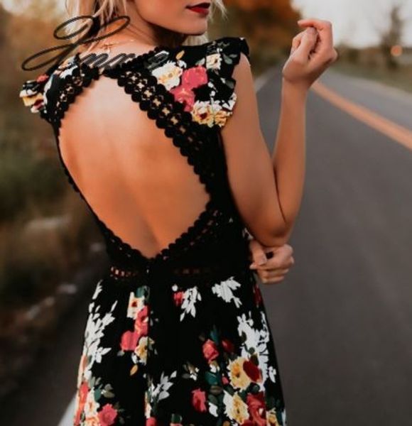 

xnxee women boho bare back irregular floral printed dress 2020 summer deep v cut out long maxi dresses open back dresses, Black;gray