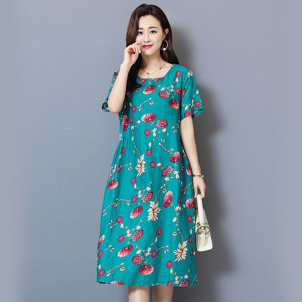 

Women Dress 2019 Middle Age Womens summer Wear Vintage Dress Round neck Short sleeve 5xl Large size Printed Slim Dresses