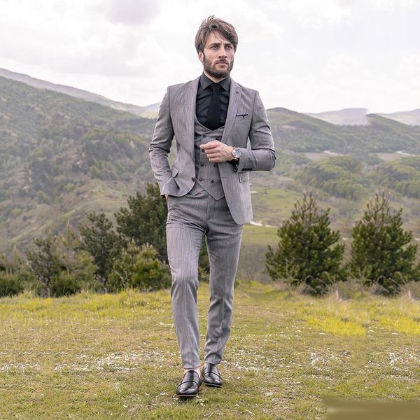 

gentlemen wedding groom tuxedos summer handsome grey slim fit pants suits prom party mens formal wear(jacket+vest+pants, Black;gray