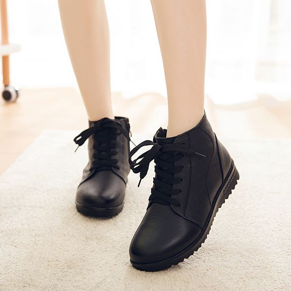 

flat heel boots women new 2019 zipper big size shoes woman low heels booties round toe leather booties lace up plush large size, Black