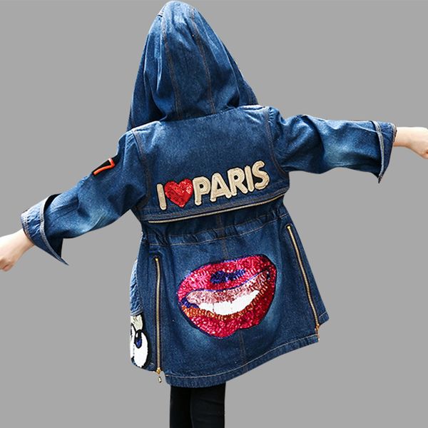 

девушки denim long jacket подростковые дети куртка с капюшоном весна осень big eye блестки девушка верхней одежда 6 8 10 12 14, Blue;gray