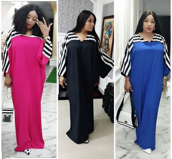 

african drees for women good quality multi-color striped stitching v-neck loose fat mother dress, Red