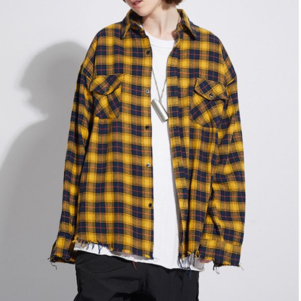 

ewq / men and women's wear 2020 spring tide high street concise personality loose long sleeve lattice shirt vintage design y1116, White;black