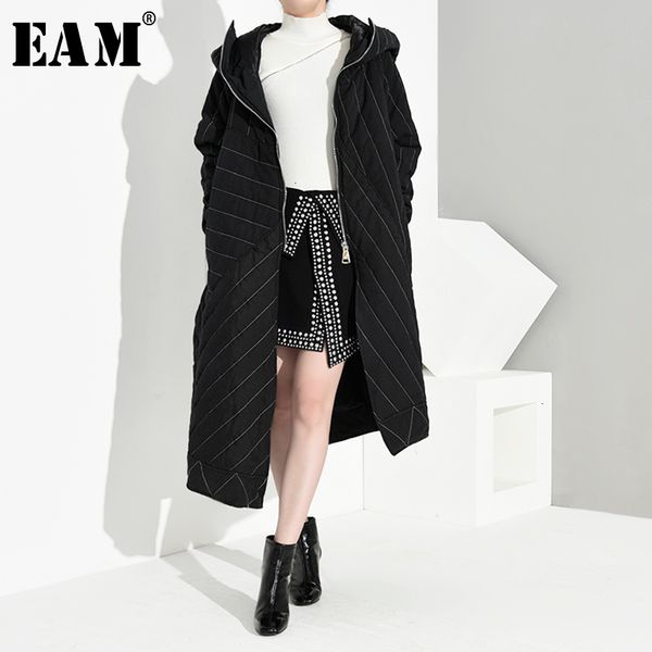 

eam] striped asymmetrical big size cotton-padded coat long sleeve loose fit women parkas fashion autumn winter 2019 jr5010, Black