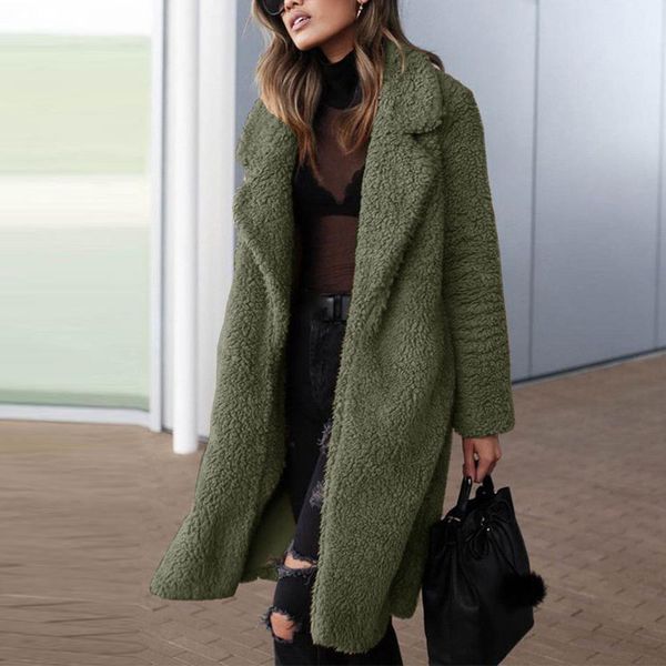 

women outwear warm cardigan autumn winter trench long sleeve coat lapel ladies artificial fleece jacket solid casual, Black;brown