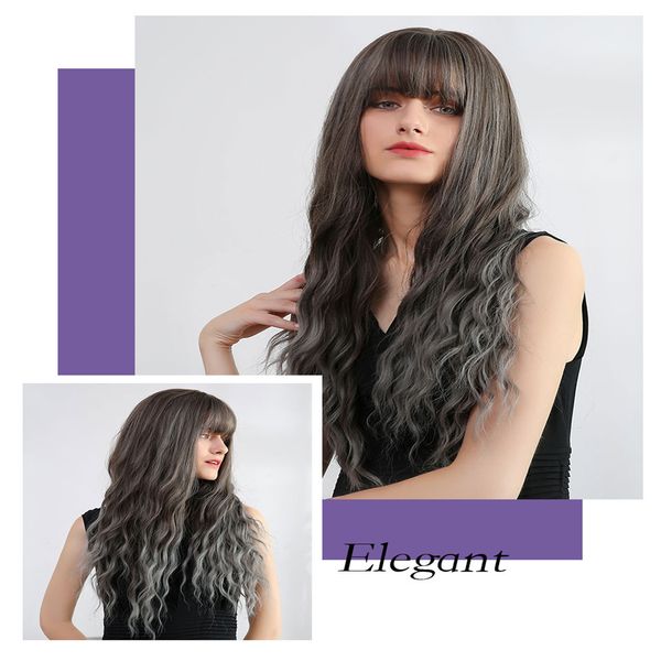 

24inch women long wavy wigs high density synthetic heat resist wigs with wig cap for cosplay party daily wear (dark brown ombre grey, Black