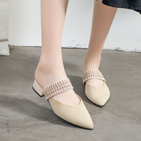 

elastic band women slippers new spring summer weave shoes woman mules shoes pointed half slippers square heel outside slides, Black