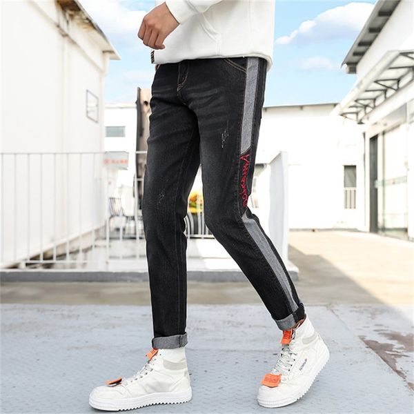 

2020 four seasons new men's ankle-length straight jeans teen square pocket stitched letters embroidered jeans, Blue