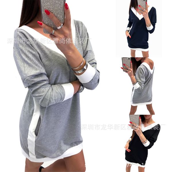 

collar v around long sleeves medium length paragraph shirt dress t shirts, Black