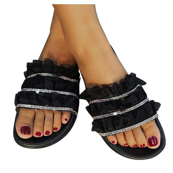 

2020 beach slippers splid-on round toe shoes outside wild cool women's lace crystal open toe outdoor designer slippers shoes 25, Black