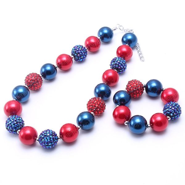 Neue 2Set 4. Juli Baby Kid Chunky Halskette Schmuck Navy + Rot Farbe Kinder Bubblegum Bead Chunky NecklaceBracelet Set