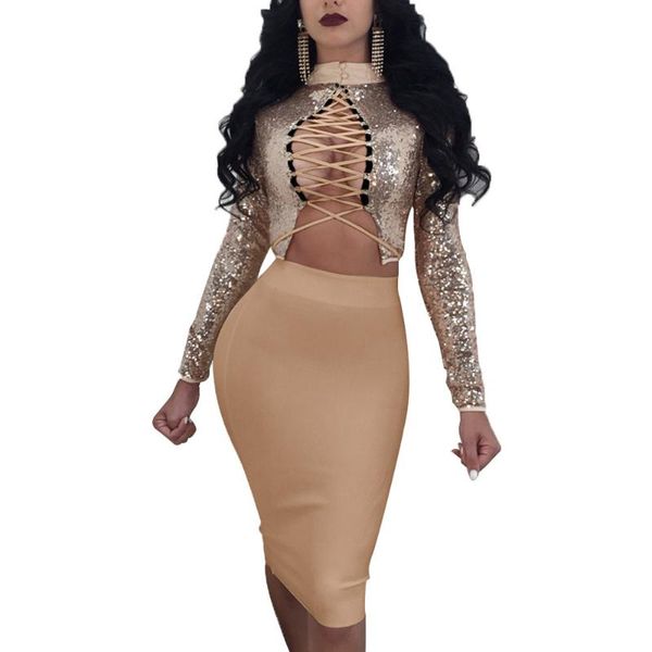 

female and skirt sets lace up t-shirt long sleeve bodycon midi skirt silver gold sequin women 2 piece set, White