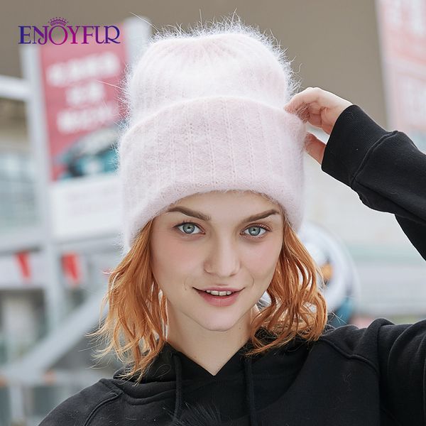 

enjoyfur winter rabbit fur hair hats for women double lining warm female beanies fashion youth ladies cap wide cuff chic style y200103, Blue;gray