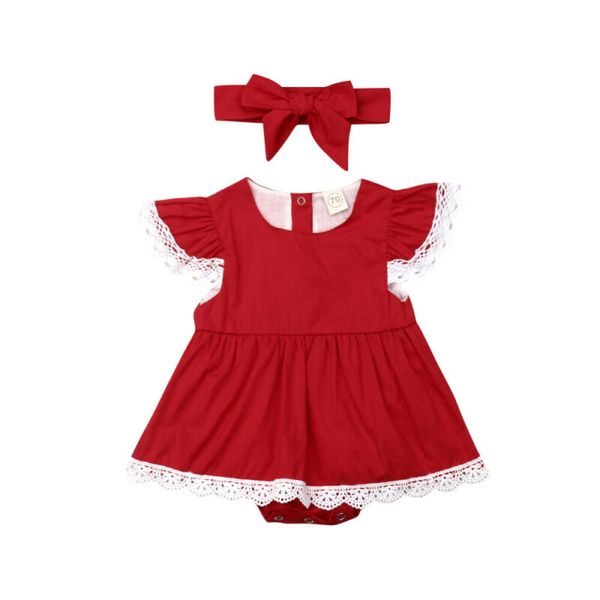 

2019 новорожденных xmas red romper dress девочка одежда кружева ползунки платье комбинезон оголовье младенческой ребенка комплект экипировки, Red;yellow