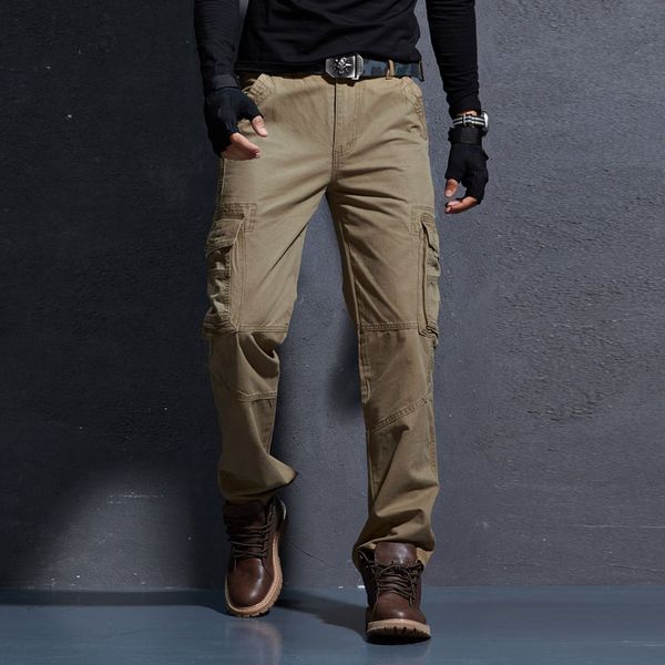 

2020 newly fashion designer men jeans straight fit big pockets casual cargo pants men outdoor khaki army green trousers, Blue