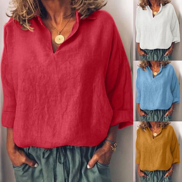 

long sleeve lapel long sleeve cotton cotton and linen and linen nail buckle solid color shirt base shirt female, White