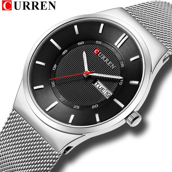 

curren men watches simple style stainless steel mesh wristwatch new quartz male clock with week and date reloj waterproof hombre, Slivery;brown