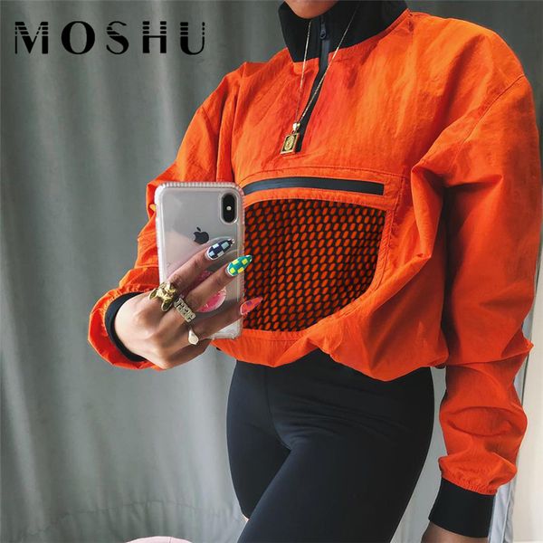 

sweatshirts women orange half open collar pullovers loose casual streetwear long sleeve geometric printed mesh decoration coat, Black