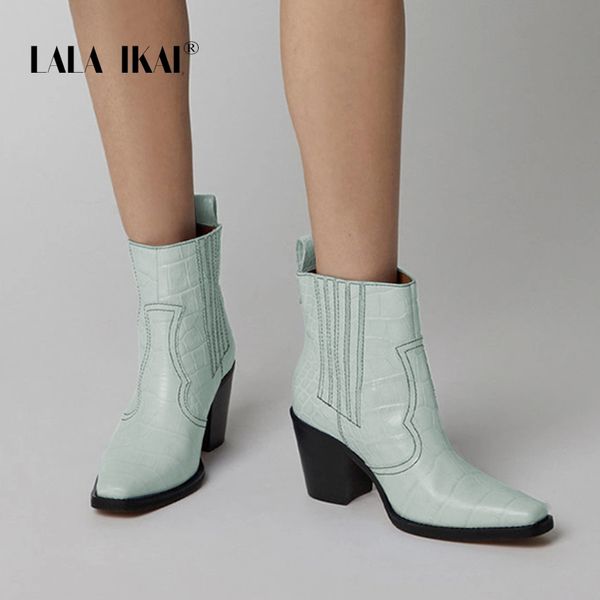 

lala ikai women winter ankle boots square heels blue pu leather flock autumn bota feminina stiletto mid heels boots xwc4051-4, Black