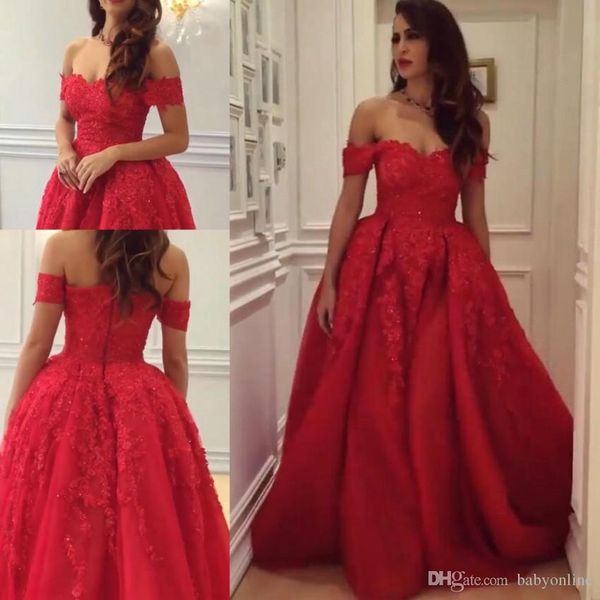 Dubai Arabisch Vintage Rote Abendkleider 2019 Schulterfrei A-Linie Perlen Tüll Spitze Appliziertes formelles Abendkleid Kleid für den roten Teppich