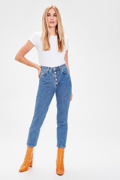 

trendyol индиго передняя кнопка высокая талия мама джинсы twoaw20je0050, Blue
