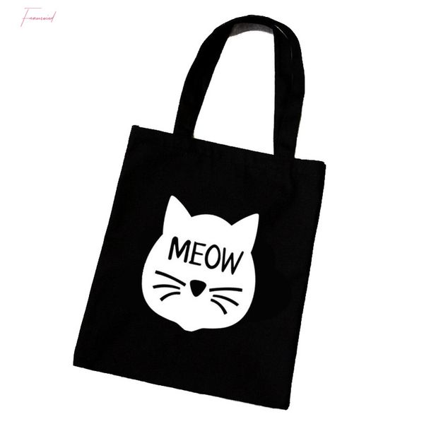 

female canvas beach bag cartoon cat printed casual tote women handbag daily use shoulder shopping bags black bolsos mujer