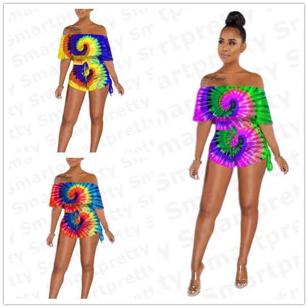 

plus size women summer shorts set rainbow gradient color print off shoulder short sleeve t shirt and shorts 2pcs suit outfit e31007, Black;white