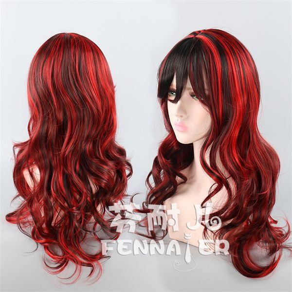 

черный и красный цвет смешанного цвета 80 см косой челкой длинные вьющиеся волосы женский европейский и американский парик f508, Black