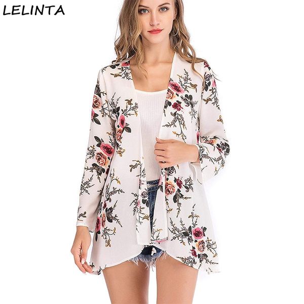 

women's floral print sheer kimono cardigan capes chiffon 3/4 sleeve patchwork casual cover up blouse autumn spring, White