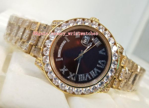 

wristwatches men watches 40mm 218239 18k yellow gold roman dial diamond bezel bracele 2813 2836 movement automatic mechanical mens watch, Slivery;brown