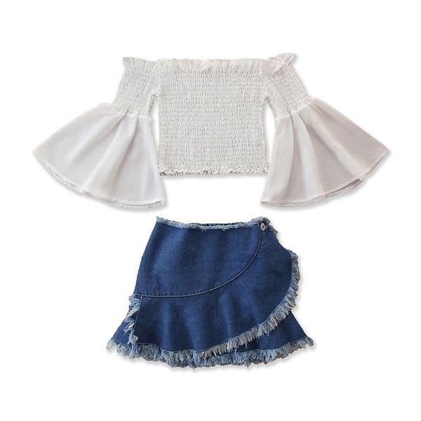 

baby girls denim suit kids solid one shoulder elastic infant baby newborn girl casual wear kids flare sleeve tassel skirts suit 060613, White