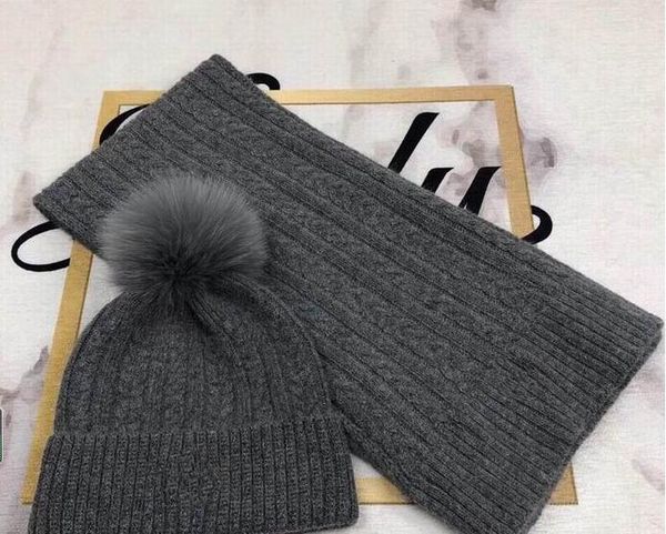 

2020 cotton knitting grey hats with grey hair ball cap women's winter comfortable warm hats and scarves sets with box, Blue;gray