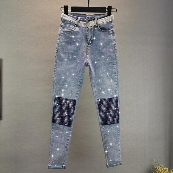 

heavy work drilling stitching jeans female 2020 new spring autumn fashion wild little feet denim pants r2428, Blue