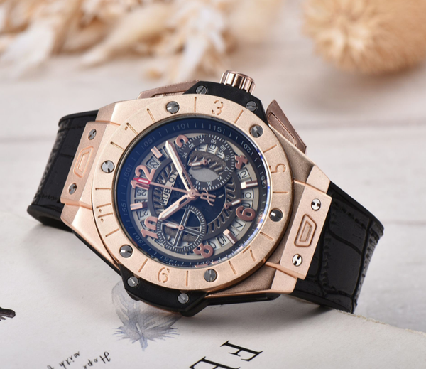 

royal oak offshore chronograph swatch clad ginza rose gold case black dial leather strap quartz mens watches wristwatch, Slivery;brown