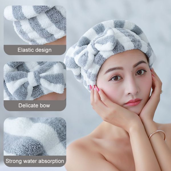 

elastic head towel hair drying cap with bow thickening coral fleece super absorbent hair wrap towel shower hat head home