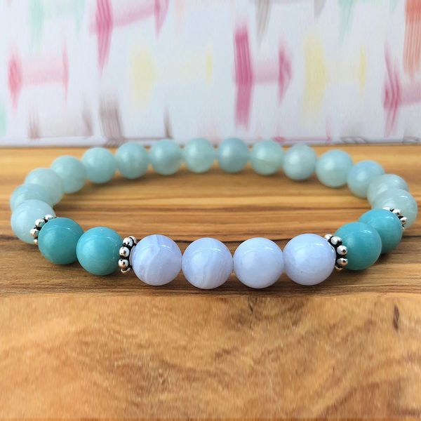 

wholesale 8 mm aqua marine a grade amazonite bracelet blue lace agates bracelet opening the throat chakra, Golden;silver
