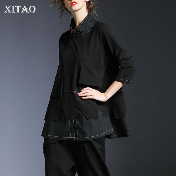 

xitao] europe fashion women 2019 spring summer stand collar three quarter sleeve pocket patchwork long casual t-shirt wbb2481, White