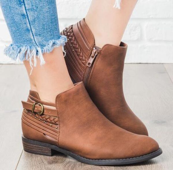 

women boots retro comfortable low heele ankle boots zipper roman booties female round toe platform shoes plus size 35-43 2019, Black