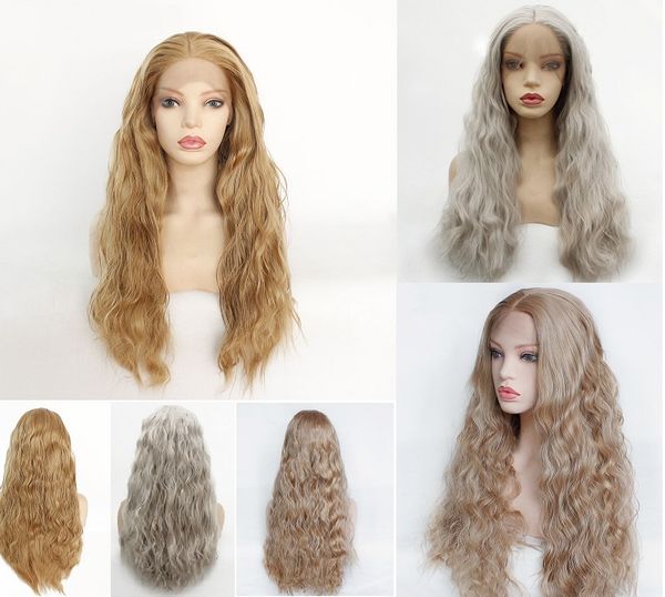 

new designer fashion lace front wig water wave curly synthetic hair selling traceless hairline classic style middle split full head set, Black;brown