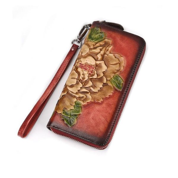 

women vintage flower leather clutch long zipper card holder purse handbag coin wallet bag, Red;black