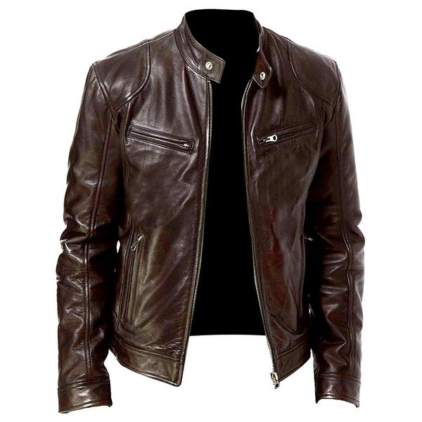 

men motorcycle jacket causal vintage leather coat men zipper pocket pu leather street rock club stand collar jacket gift, Black;brown