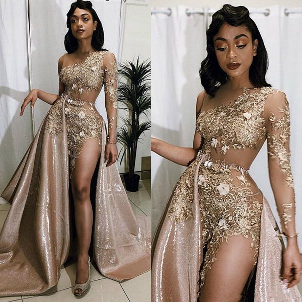 

винтажная аравия see through пром платья с overskirt sheer длинным рукавом кружева аппликация халата де soirée бедренной кости высокие щелев, Black;red