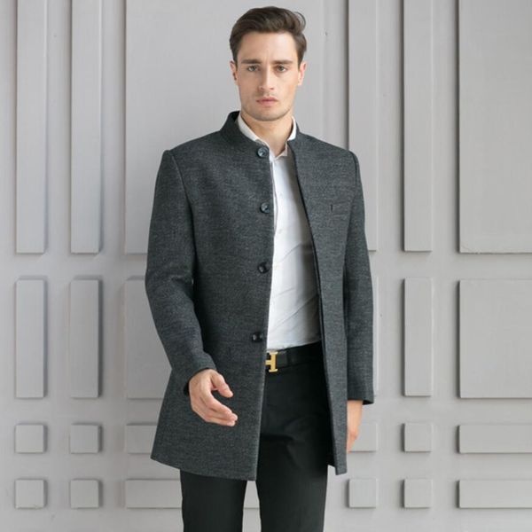 

turtleneck single breasted men casual winter coat jacket long trench men' s wool & blend coats 2017 thick outwear cashmere coat, Black