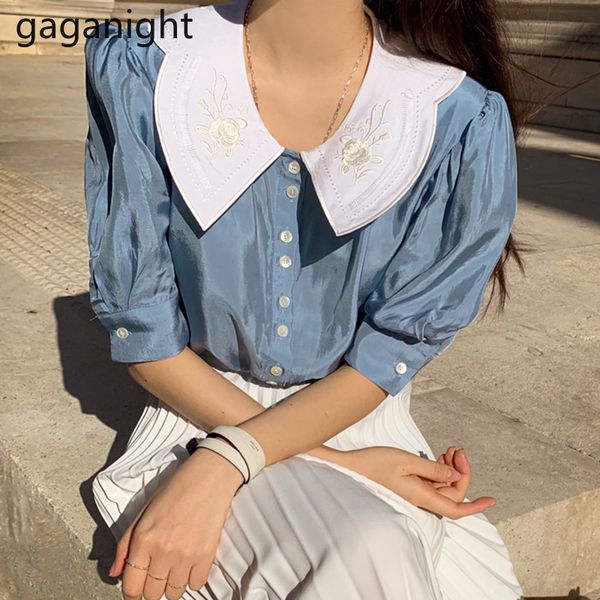 

gaganight fashion women embroidery blouse pull short sleeve single breasted chic korean shirt office lady vintage summer blusas, White